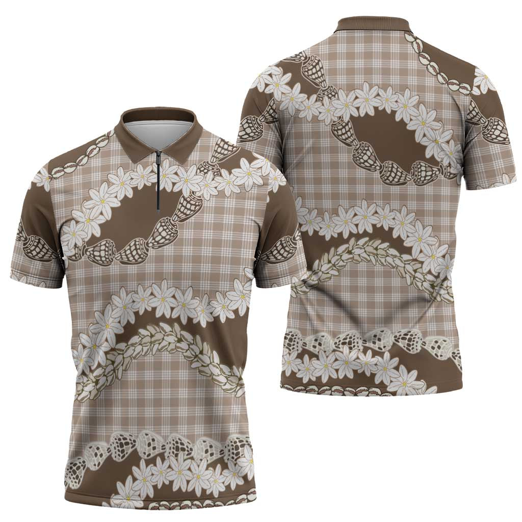 Brown Hawaii Tiare and Shell Lei Zipper Polo Shirt Hawaiian Palaka Luxury Vibes - Polynesian Pride