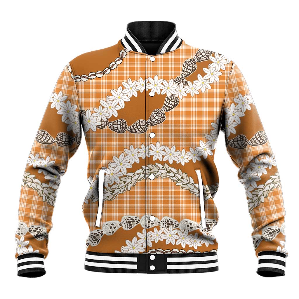 Orange Hawaii Tiare and Shell Lei Baseball Jacket Hawaiian Palaka Luxury Vibes - Polynesian Pride