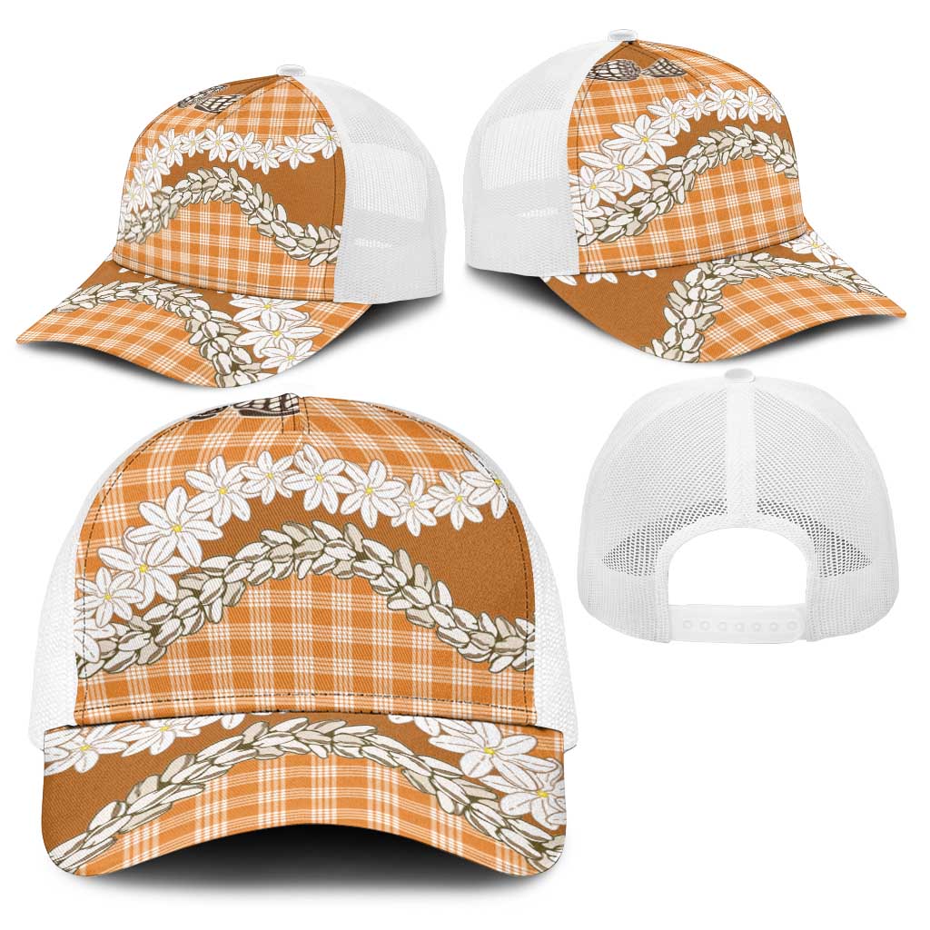 Orange Hawaii Tiare and Shell Lei Baseball Net Cap Hawaiian Palaka Luxury Vibes - Polynesian Pride