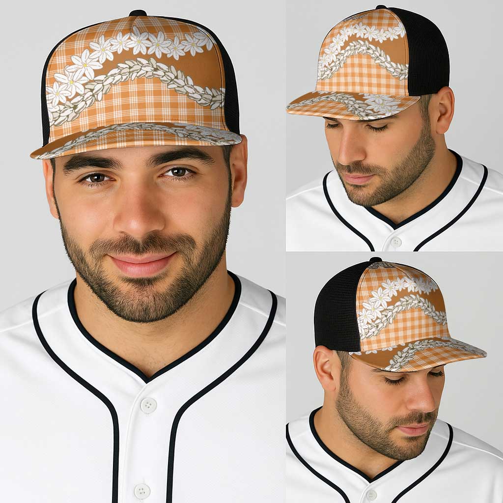 Orange Hawaii Tiare and Shell Lei Baseball Net Cap Hawaiian Palaka Luxury Vibes - Polynesian Pride