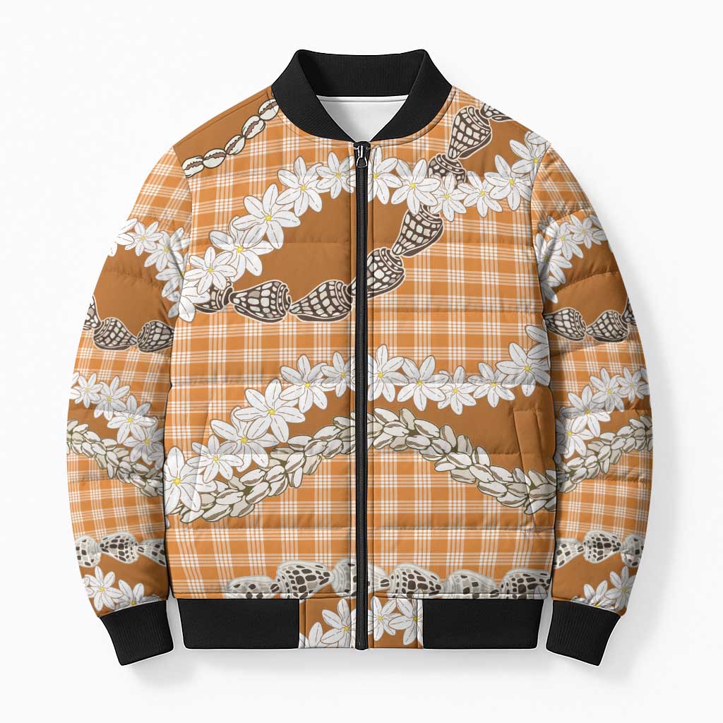 Orange Hawaii Tiare and Shell Lei Bomber Puffer Jacket Hawaiian Palaka Luxury Vibes - Polynesian Pride