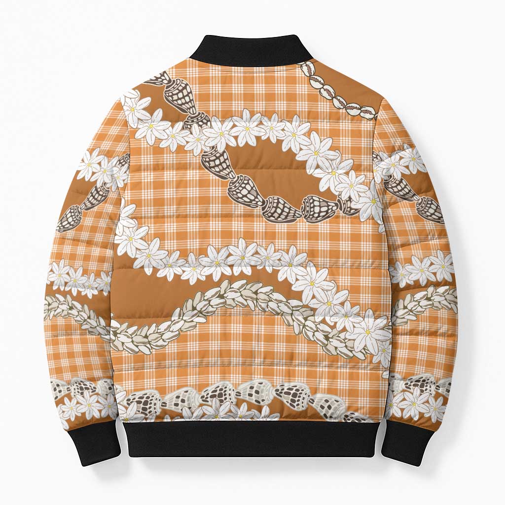 Orange Hawaii Tiare and Shell Lei Bomber Puffer Jacket Hawaiian Palaka Luxury Vibes - Polynesian Pride