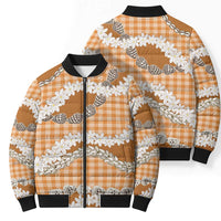 Orange Hawaii Tiare and Shell Lei Bomber Puffer Jacket Hawaiian Palaka Luxury Vibes - Polynesian Pride