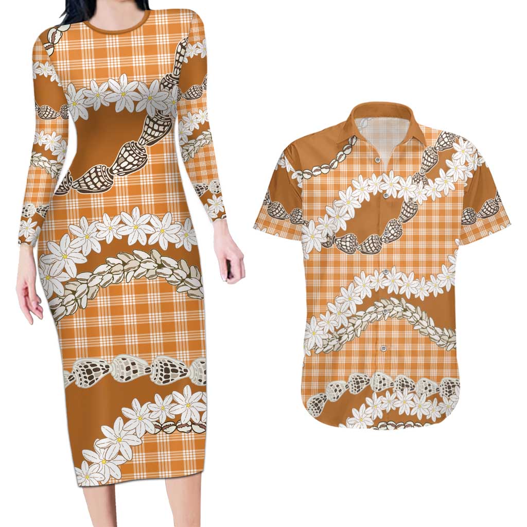 Orange Hawaii Tiare and Shell Lei Couples Matching Long Sleeve Bodycon Dress and Hawaiian Shirt Hawaiian Palaka Luxury Vibes - Polynesian Pride