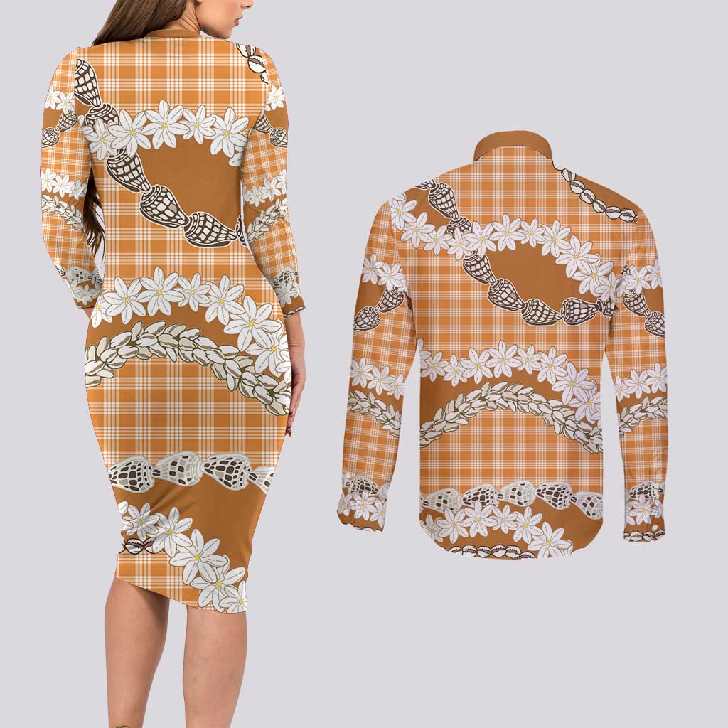 Orange Hawaii Tiare and Shell Lei Couples Matching Long Sleeve Bodycon Dress and Long Sleeve Button Shirt Hawaiian Palaka Luxury Vibes LT14 - Polynesian Pride