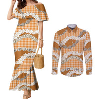 Orange Hawaii Tiare and Shell Lei Couples Matching Mermaid Dress and Long Sleeve Button Shirt Hawaiian Palaka Luxury Vibes LT14 Orange - Polynesian Pride