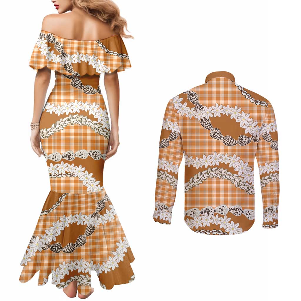 Orange Hawaii Tiare and Shell Lei Couples Matching Mermaid Dress and Long Sleeve Button Shirt Hawaiian Palaka Luxury Vibes LT14 - Polynesian Pride