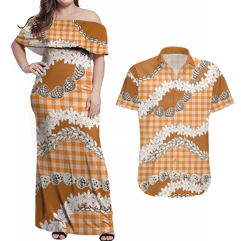 Orange Hawaii Tiare and Shell Lei Couples Matching Off Shoulder Maxi Dress and Hawaiian Shirt Hawaiian Palaka Luxury Vibes LT14 Orange - Polynesian Pride