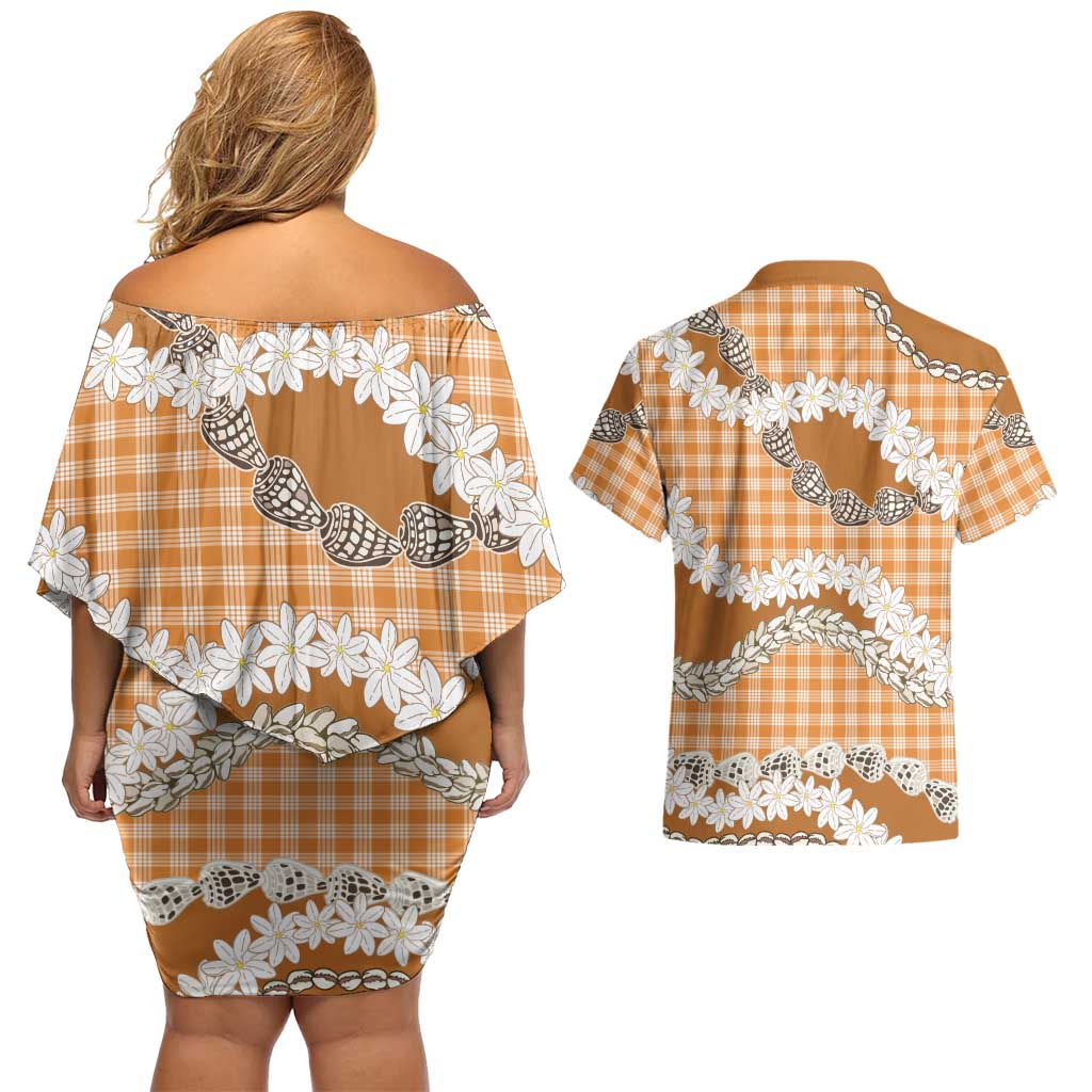 Orange Hawaii Tiare and Shell Lei Couples Matching Off Shoulder Short Dress and Hawaiian Shirt Hawaiian Palaka Luxury Vibes LT14 - Polynesian Pride