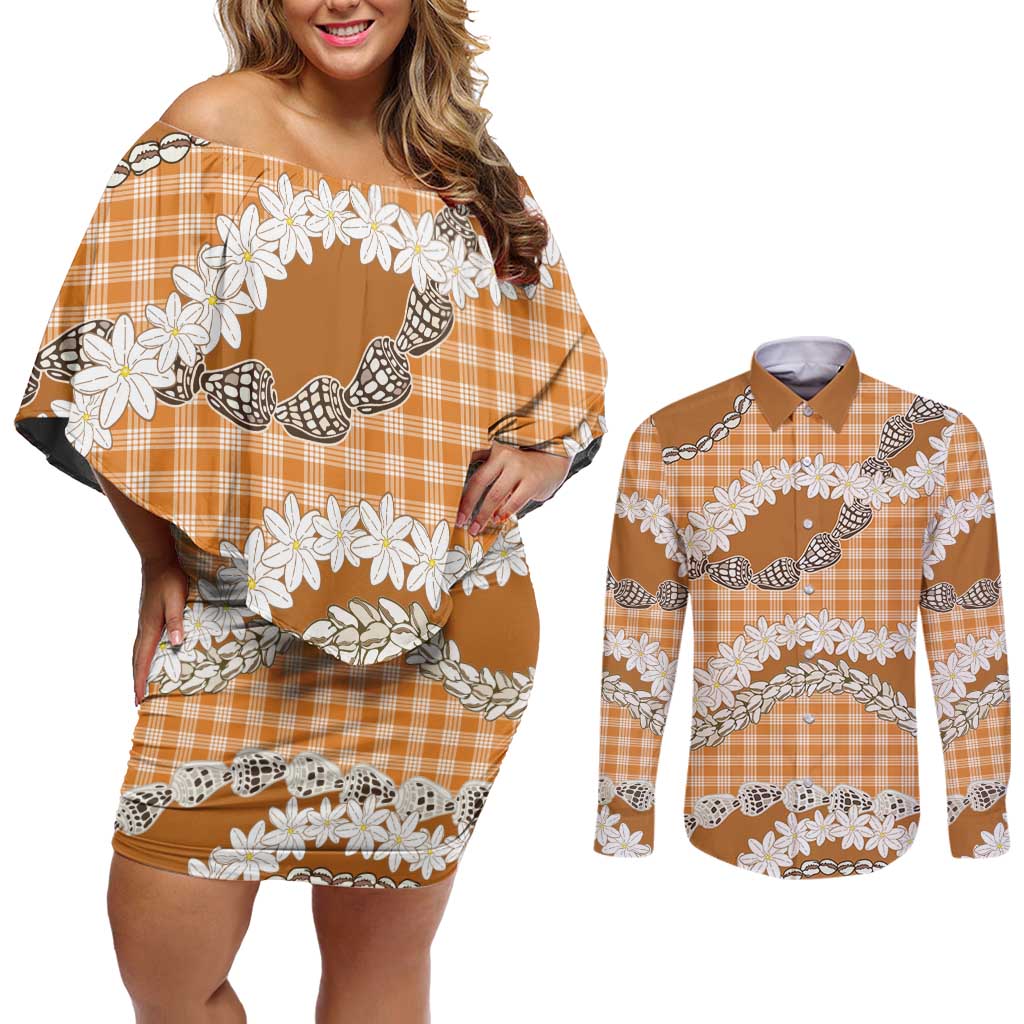 Orange Hawaii Tiare and Shell Lei Couples Matching Off Shoulder Short Dress and Long Sleeve Button Shirt Hawaiian Palaka Luxury Vibes LT14 Orange - Polynesian Pride