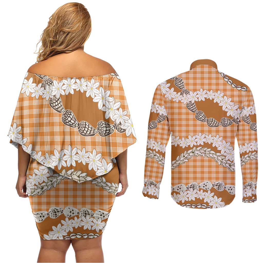 Orange Hawaii Tiare and Shell Lei Couples Matching Off Shoulder Short Dress and Long Sleeve Button Shirt Hawaiian Palaka Luxury Vibes LT14 - Polynesian Pride