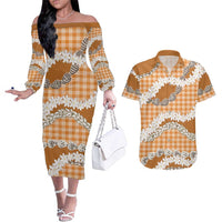 Orange Hawaii Tiare and Shell Lei Couples Matching Off The Shoulder Long Sleeve Dress and Hawaiian Shirt Hawaiian Palaka Luxury Vibes LT14 Orange - Polynesian Pride