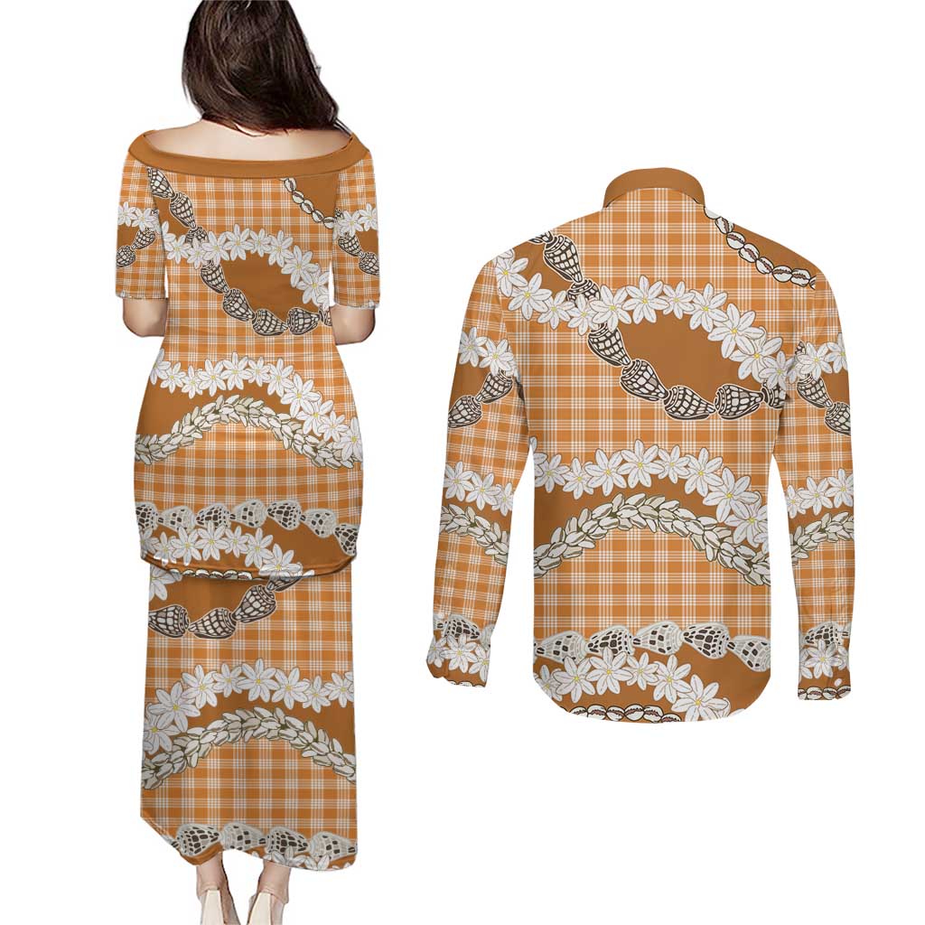 Orange Hawaii Tiare and Shell Lei Couples Matching Puletasi and Long Sleeve Button Shirt Hawaiian Palaka Luxury Vibes - Polynesian Pride