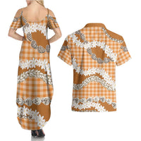 Orange Hawaii Tiare and Shell Lei Couples Matching Summer Maxi Dress and Hawaiian Shirt Hawaiian Palaka Luxury Vibes LT14 - Polynesian Pride