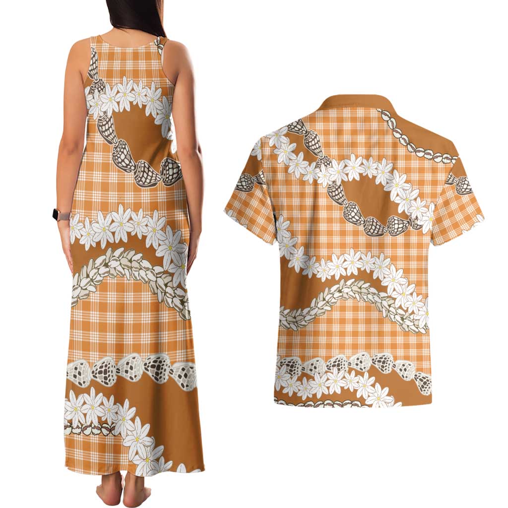 Orange Hawaii Tiare and Shell Lei Couples Matching Tank Maxi Dress and Hawaiian Shirt Hawaiian Palaka Luxury Vibes LT14 - Polynesian Pride