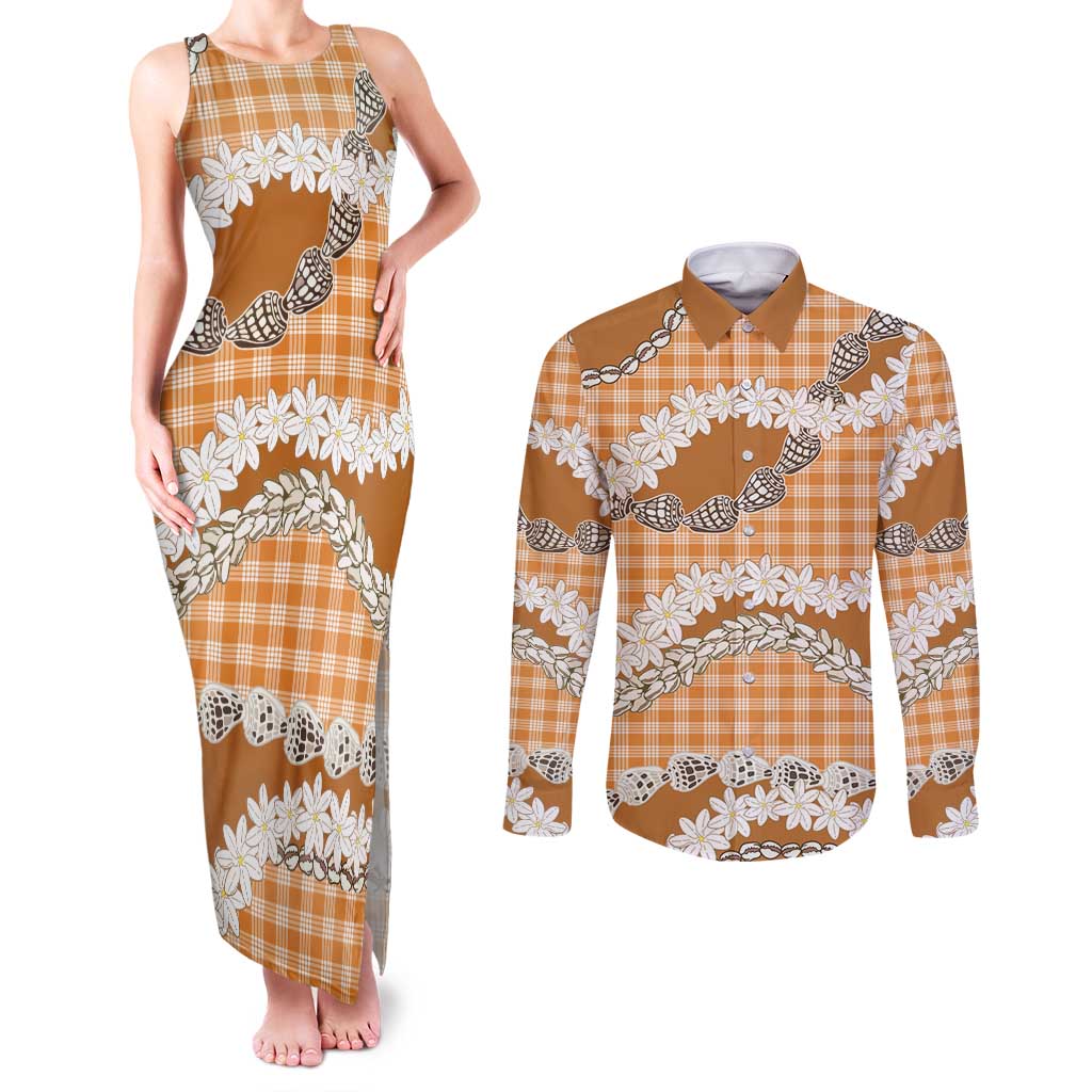Orange Hawaii Tiare and Shell Lei Couples Matching Tank Maxi Dress and Long Sleeve Button Shirt Hawaiian Palaka Luxury Vibes LT14 Orange - Polynesian Pride