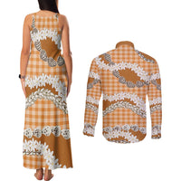 Orange Hawaii Tiare and Shell Lei Couples Matching Tank Maxi Dress and Long Sleeve Button Shirt Hawaiian Palaka Luxury Vibes LT14 - Polynesian Pride
