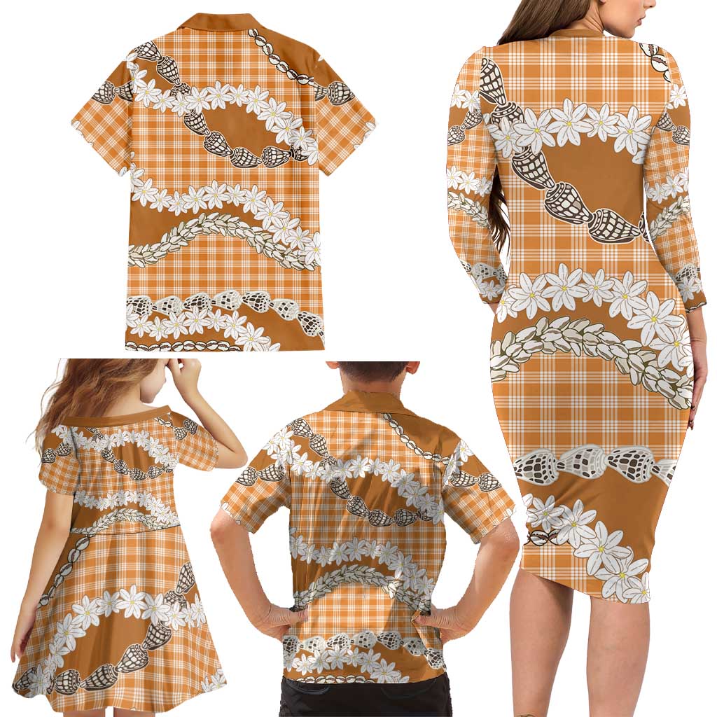 Orange Hawaii Tiare and Shell Lei Family Matching Long Sleeve Bodycon Dress and Hawaiian Shirt Hawaiian Palaka Luxury Vibes LT14 - Polynesian Pride