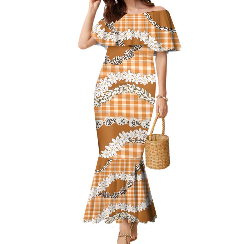 Orange Hawaii Tiare and Shell Lei Family Matching Mermaid Dress and Hawaiian Shirt Hawaiian Palaka Luxury Vibes LT14 Mom's Dress Orange - Polynesian Pride