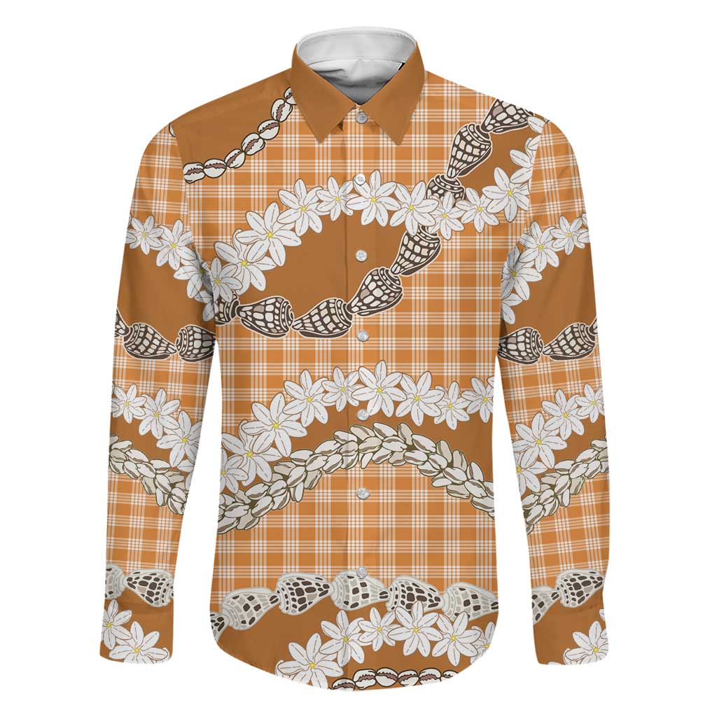 Orange Hawaii Tiare and Shell Lei Family Matching Off The Shoulder Long Sleeve Dress and Hawaiian Shirt Hawaiian Palaka Luxury Vibes LT14 Dad's Shirt - Long Sleeve Orange - Polynesian Pride