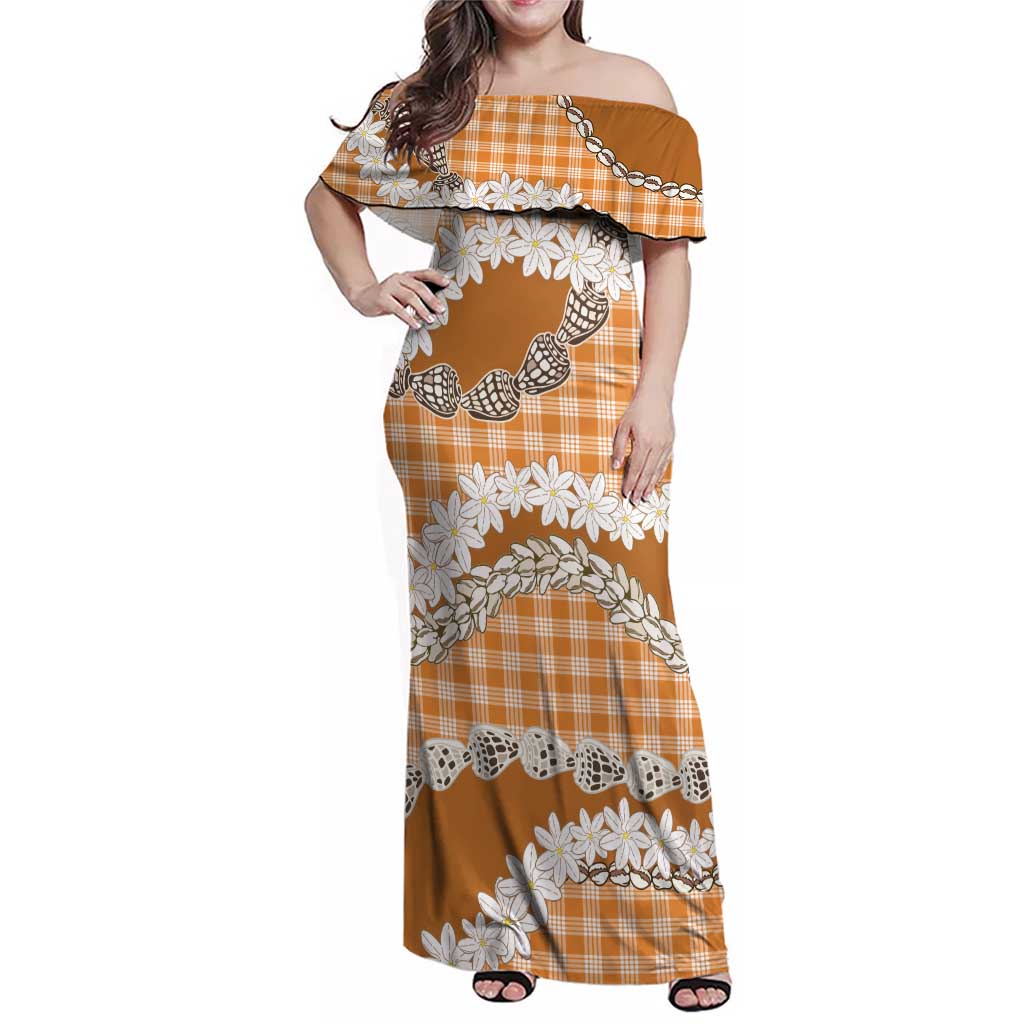Orange Hawaii Tiare and Shell Lei Family Matching Off Shoulder Maxi Dress and Hawaiian Shirt Hawaiian Palaka Luxury Vibes LT14 Mom's Dress Orange - Polynesian Pride