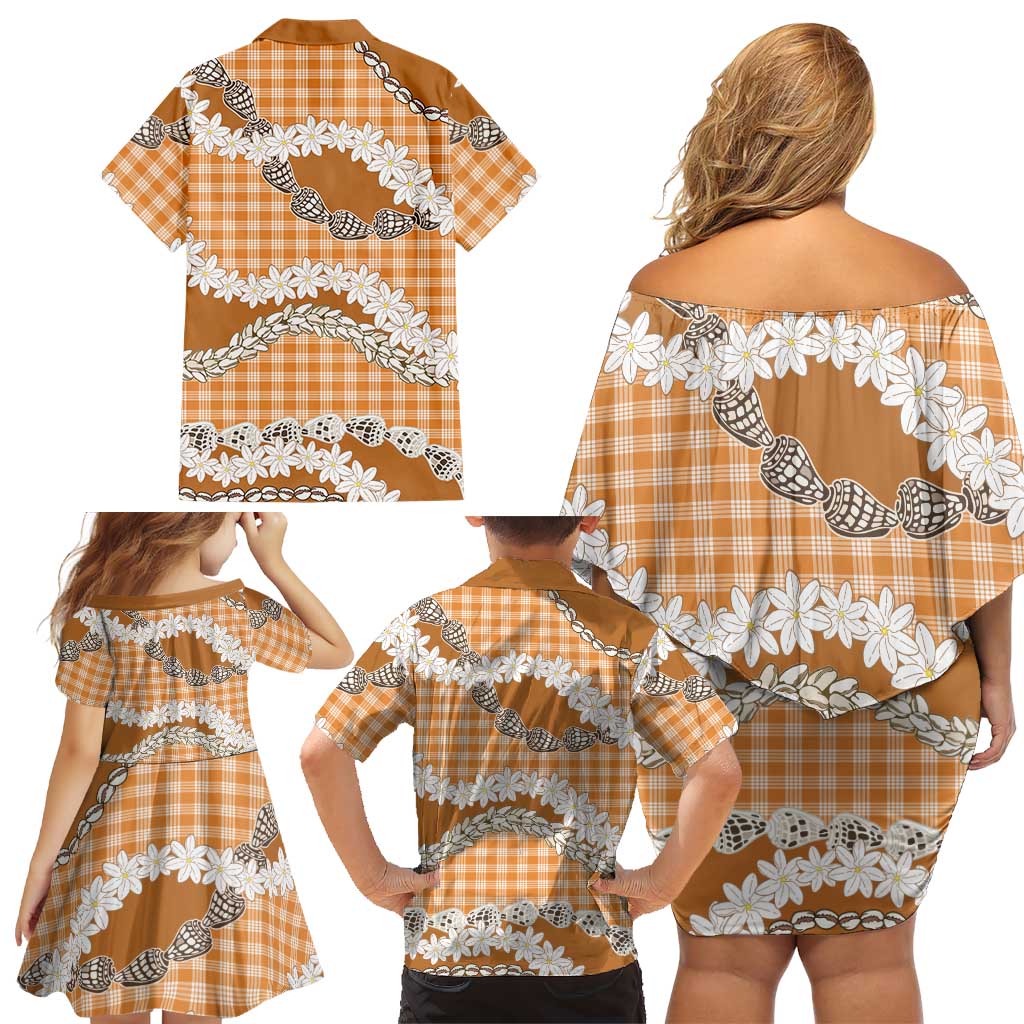 Orange Hawaii Tiare and Shell Lei Family Matching Off Shoulder Short Dress and Hawaiian Shirt Hawaiian Palaka Luxury Vibes LT14 - Polynesian Pride