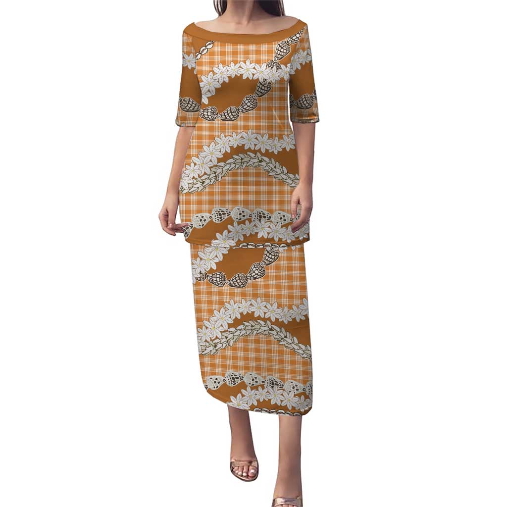 Orange Hawaii Tiare and Shell Lei Family Matching Puletasi and Hawaiian Shirt Hawaiian Palaka Luxury Vibes LT14 Mom's Dress Orange - Polynesian Pride
