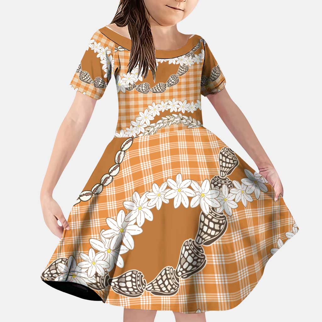 Orange Hawaii Tiare and Shell Lei Family Matching Short Sleeve Bodycon Dress and Hawaiian Shirt Hawaiian Palaka Luxury Vibes LT14 Daughter's Dress Orange - Polynesian Pride