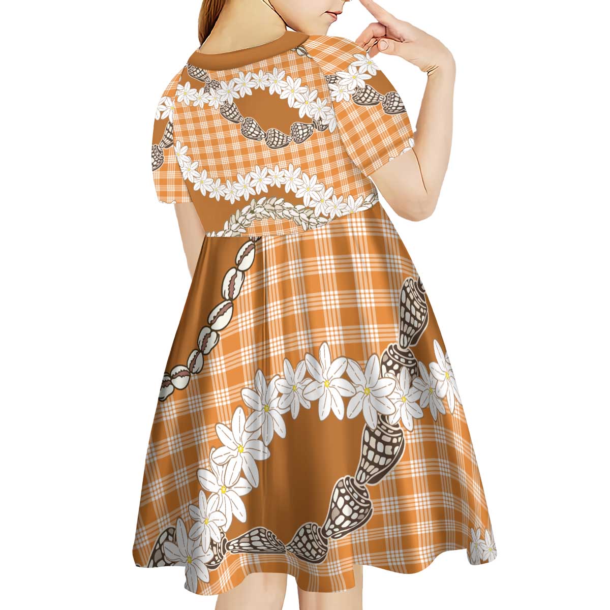 Orange Hawaii Tiare and Shell Lei Kid Short Sleeve Dress Hawaiian Palaka Luxury Vibes - Polynesian Pride