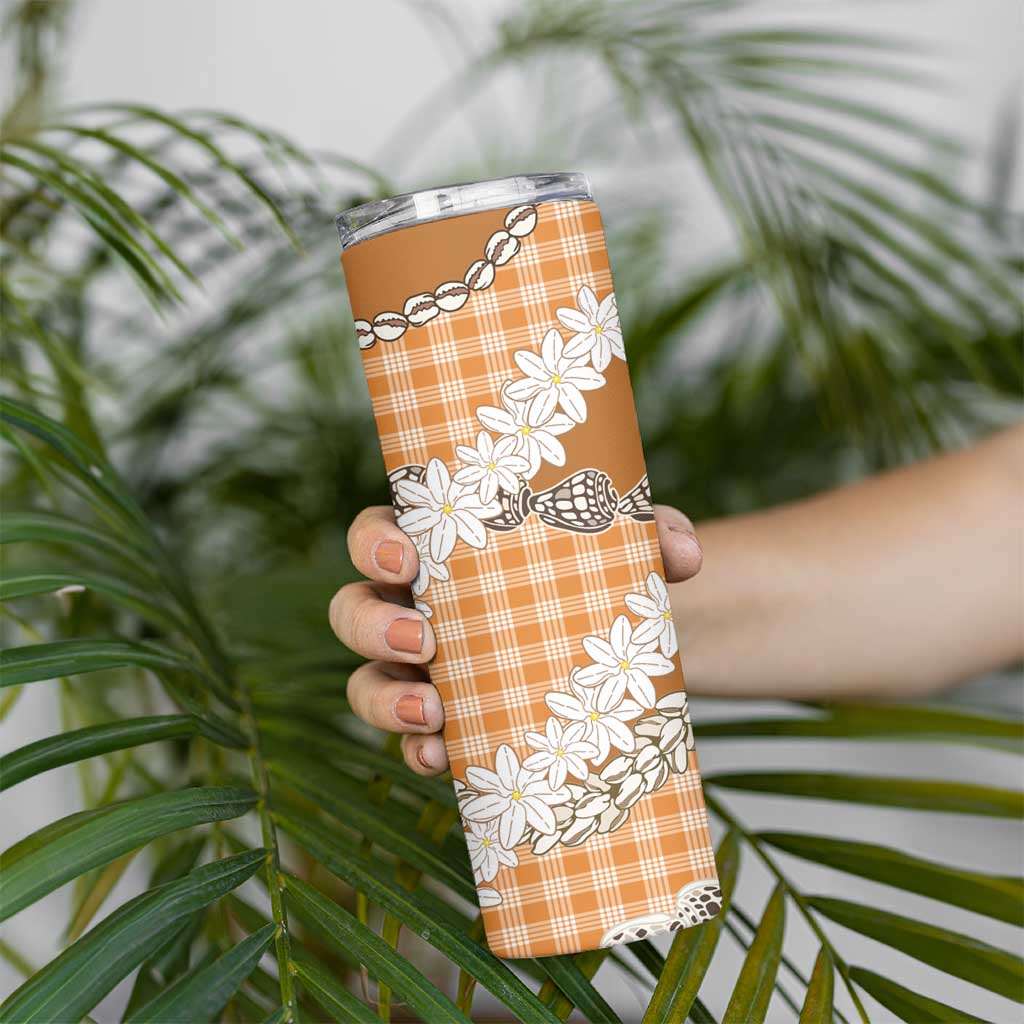 Orange Hawaii Tiare and Shell Lei Skinny Tumbler Hawaiian Palaka Luxury Vibes LT14 - Polynesian Pride