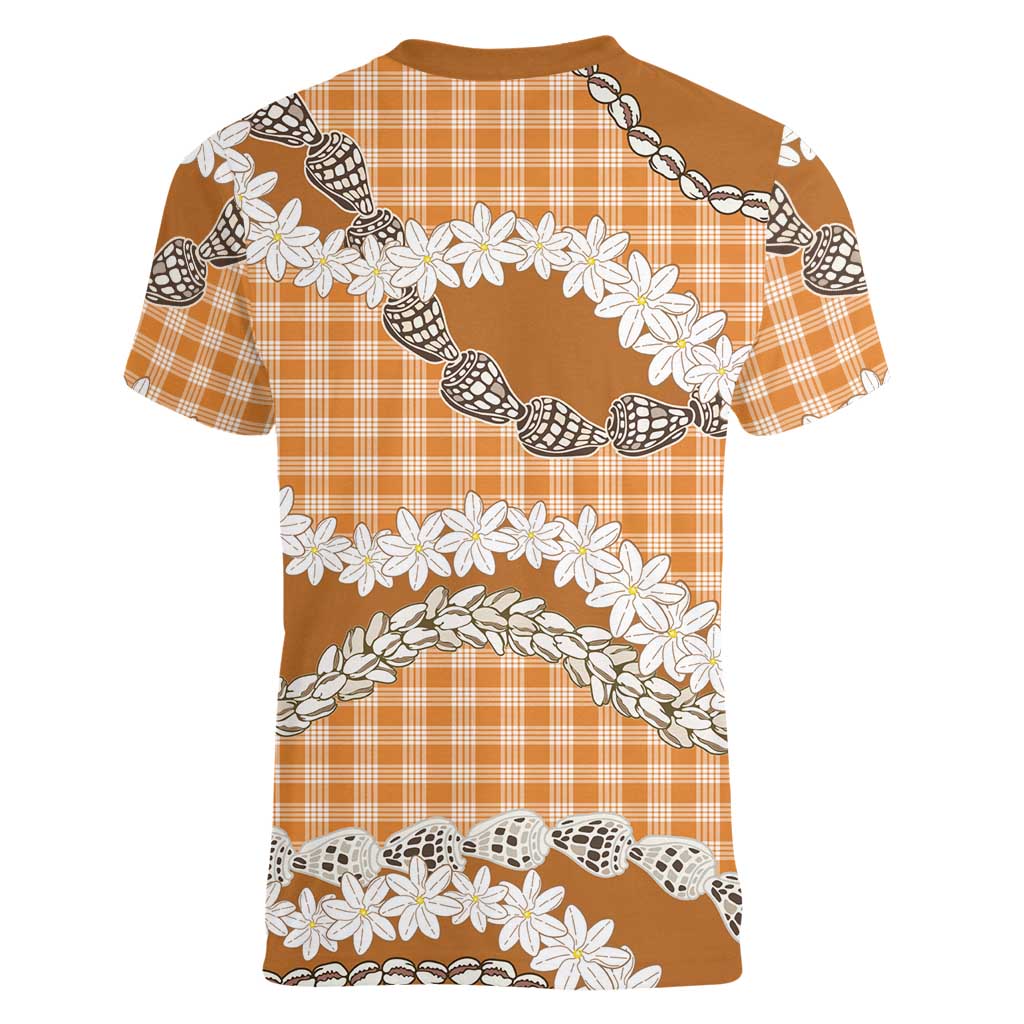 Orange Hawaii Tiare and Shell Lei Women V-Neck T-Shirt Hawaiian Palaka Luxury Vibes LT14 - Polynesian Pride