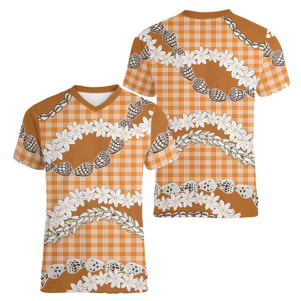 Orange Hawaii Tiare and Shell Lei Women V-Neck T-Shirt Hawaiian Palaka Luxury Vibes LT14 - Polynesian Pride
