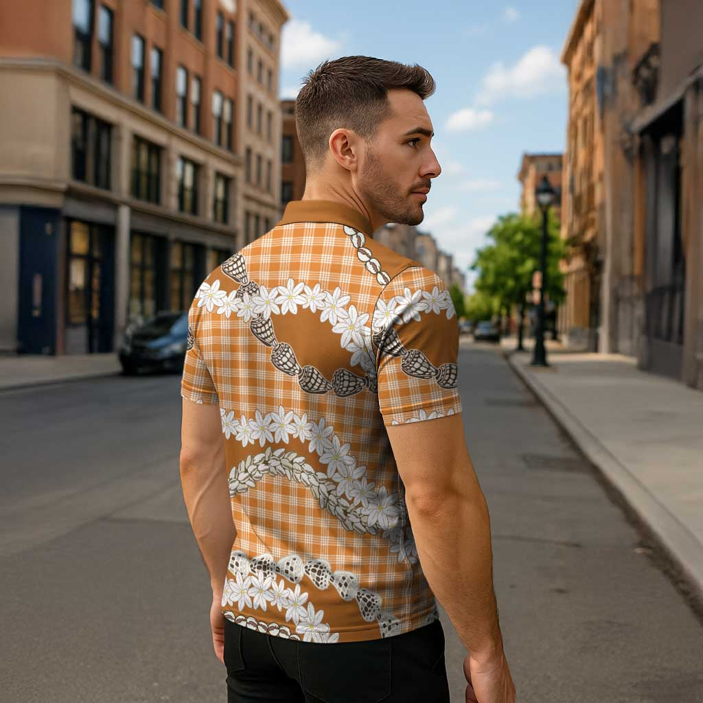 Orange Hawaii Tiare and Shell Lei Zipper Polo Shirt Hawaiian Palaka Luxury Vibes - Polynesian Pride