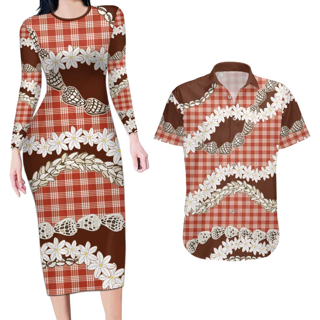 Red Hawaii Tiare and Shell Lei Couples Matching Long Sleeve Bodycon Dress and Hawaiian Shirt Hawaiian Palaka Luxury Vibes LT14 Red - Polynesian Pride