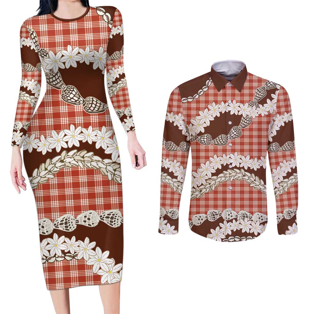 Red Hawaii Tiare and Shell Lei Couples Matching Long Sleeve Bodycon Dress and Long Sleeve Button Shirt Hawaiian Palaka Luxury Vibes LT14 Red - Polynesian Pride