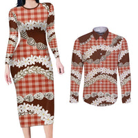 Red Hawaii Tiare and Shell Lei Couples Matching Long Sleeve Bodycon Dress and Long Sleeve Button Shirt Hawaiian Palaka Luxury Vibes LT14 Red - Polynesian Pride
