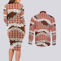 Red Hawaii Tiare and Shell Lei Couples Matching Long Sleeve Bodycon Dress and Long Sleeve Button Shirt Hawaiian Palaka Luxury Vibes LT14 - Polynesian Pride