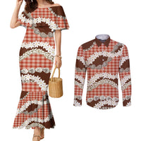 Red Hawaii Tiare and Shell Lei Couples Matching Mermaid Dress and Long Sleeve Button Shirt Hawaiian Palaka Luxury Vibes LT14 Red - Polynesian Pride