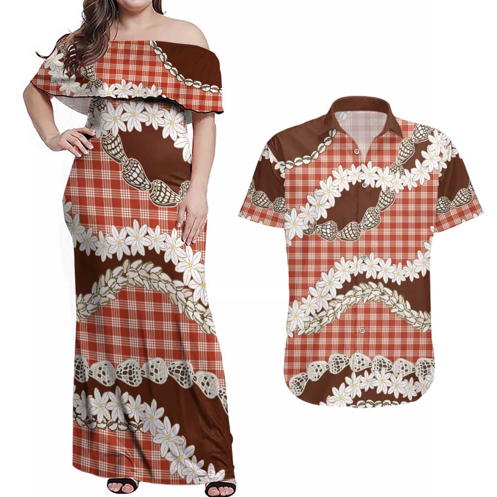 Red Hawaii Tiare and Shell Lei Couples Matching Off Shoulder Maxi Dress and Hawaiian Shirt Hawaiian Palaka Luxury Vibes LT14 Red - Polynesian Pride