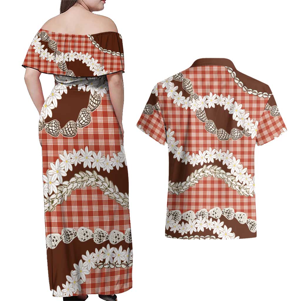 Red Hawaii Tiare and Shell Lei Couples Matching Off Shoulder Maxi Dress and Hawaiian Shirt Hawaiian Palaka Luxury Vibes LT14 - Polynesian Pride
