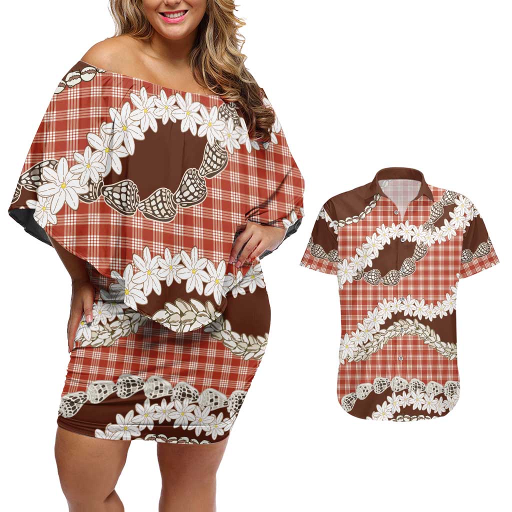 Red Hawaii Tiare and Shell Lei Couples Matching Off Shoulder Short Dress and Hawaiian Shirt Hawaiian Palaka Luxury Vibes LT14 Red - Polynesian Pride
