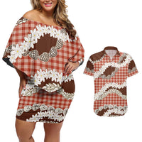 Red Hawaii Tiare and Shell Lei Couples Matching Off Shoulder Short Dress and Hawaiian Shirt Hawaiian Palaka Luxury Vibes LT14 Red - Polynesian Pride