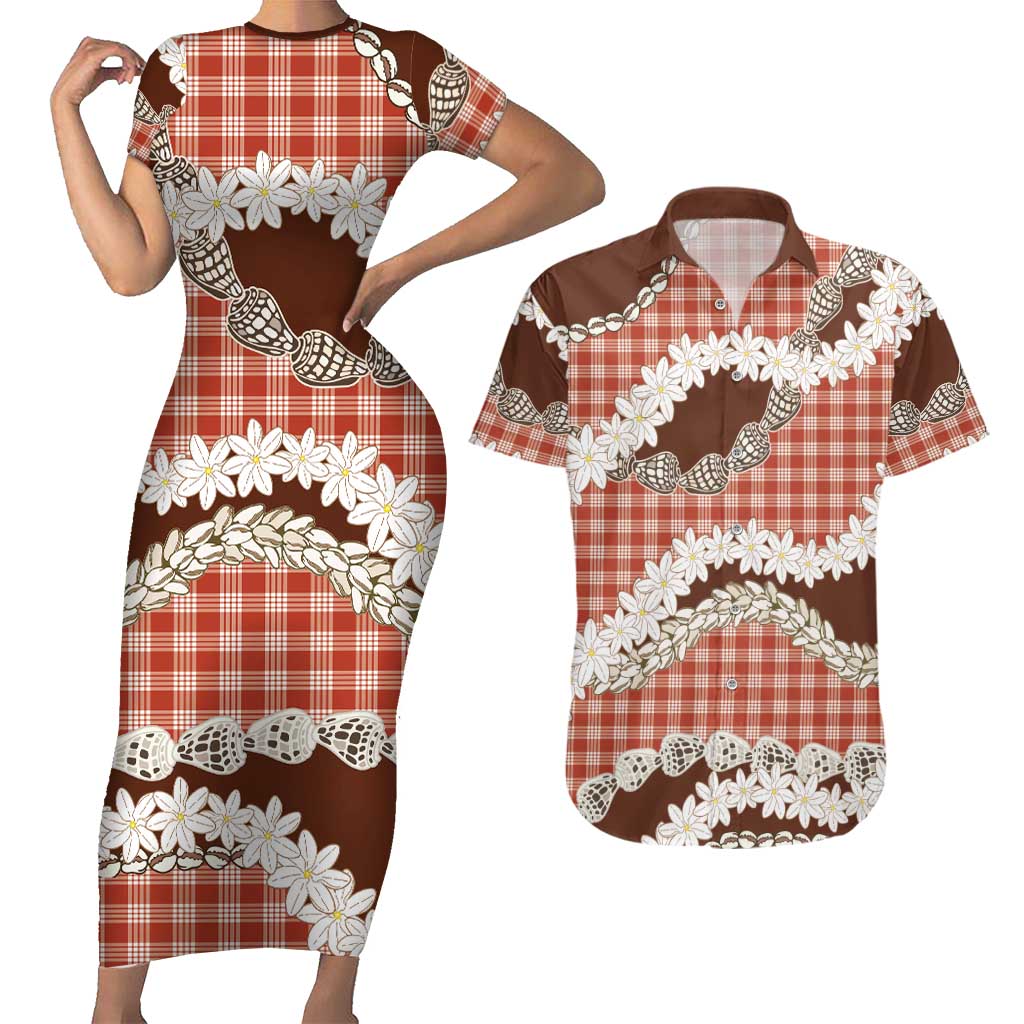 Red Hawaii Tiare and Shell Lei Couples Matching Short Sleeve Bodycon Dress and Hawaiian Shirt Hawaiian Palaka Luxury Vibes LT14 Red - Polynesian Pride