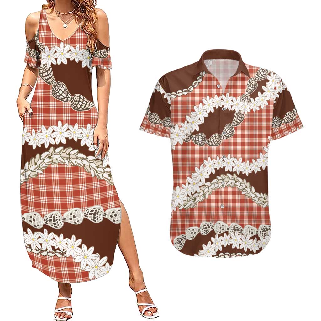 Red Hawaii Tiare and Shell Lei Couples Matching Summer Maxi Dress and Hawaiian Shirt Hawaiian Palaka Luxury Vibes - Polynesian Pride