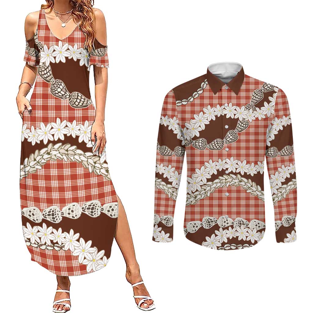 Red Hawaii Tiare and Shell Lei Couples Matching Summer Maxi Dress and Long Sleeve Button Shirt Hawaiian Palaka Luxury Vibes LT14 Red - Polynesian Pride