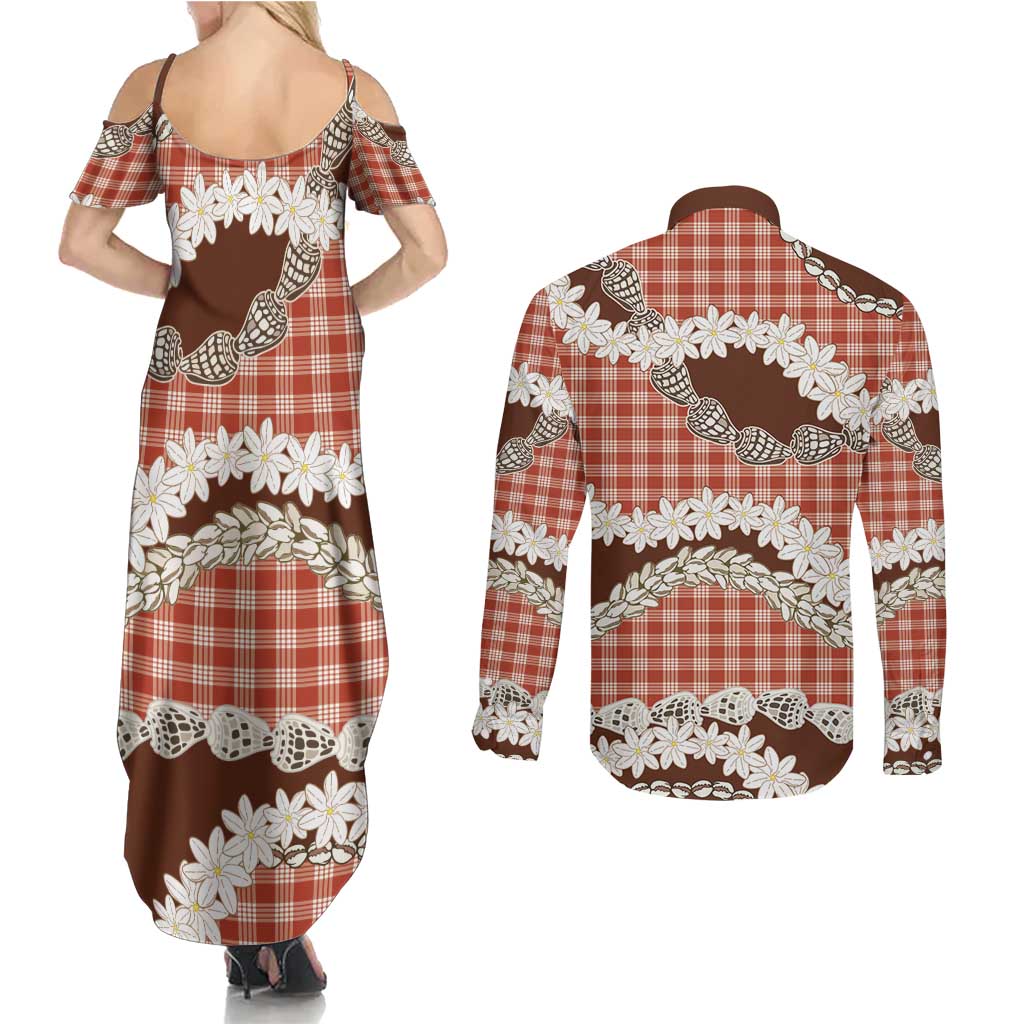 Red Hawaii Tiare and Shell Lei Couples Matching Summer Maxi Dress and Long Sleeve Button Shirt Hawaiian Palaka Luxury Vibes LT14 - Polynesian Pride