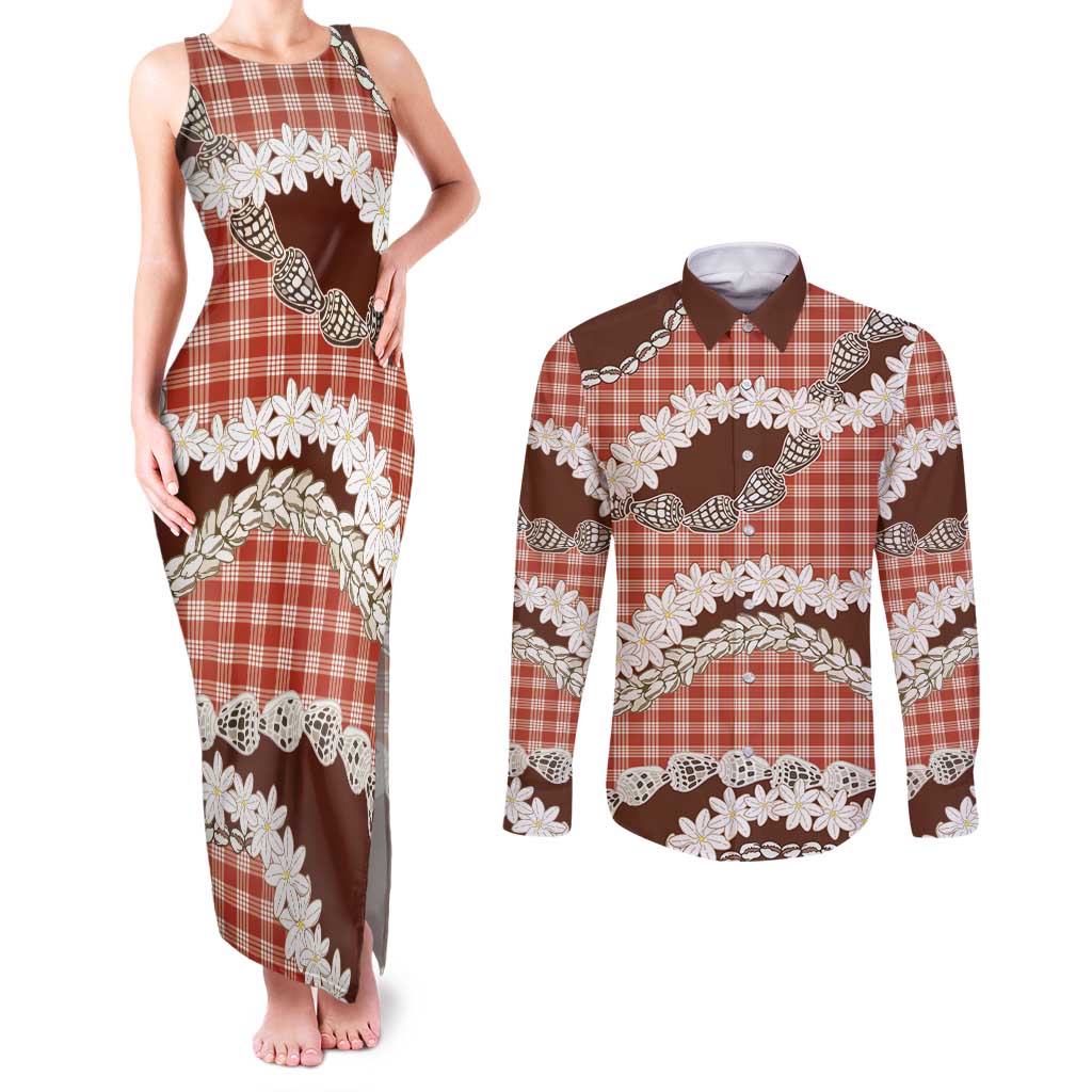 Red Hawaii Tiare and Shell Lei Couples Matching Tank Maxi Dress and Long Sleeve Button Shirt Hawaiian Palaka Luxury Vibes LT14 Red - Polynesian Pride