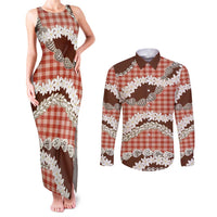 Red Hawaii Tiare and Shell Lei Couples Matching Tank Maxi Dress and Long Sleeve Button Shirt Hawaiian Palaka Luxury Vibes LT14 Red - Polynesian Pride