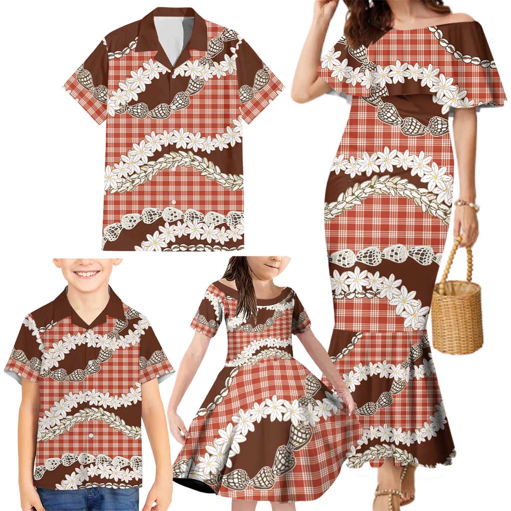 Red Hawaii Tiare and Shell Lei Family Matching Mermaid Dress and Hawaiian Shirt Hawaiian Palaka Luxury Vibes - Polynesian Pride