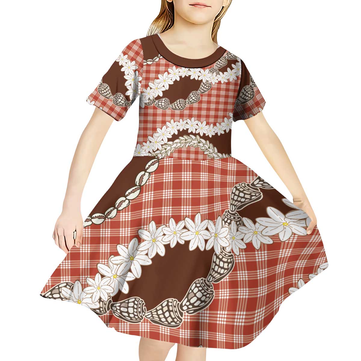 Red Hawaii Tiare and Shell Lei Kid Short Sleeve Dress Hawaiian Palaka Luxury Vibes - Polynesian Pride